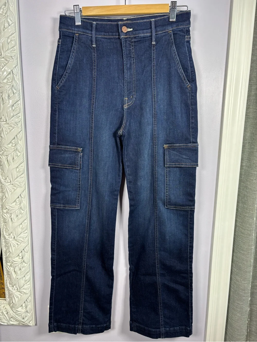 MOTHER Dark Indigo Wide-Leg Stretch Cargo Jeans Size 28 - Picture 1 of 10